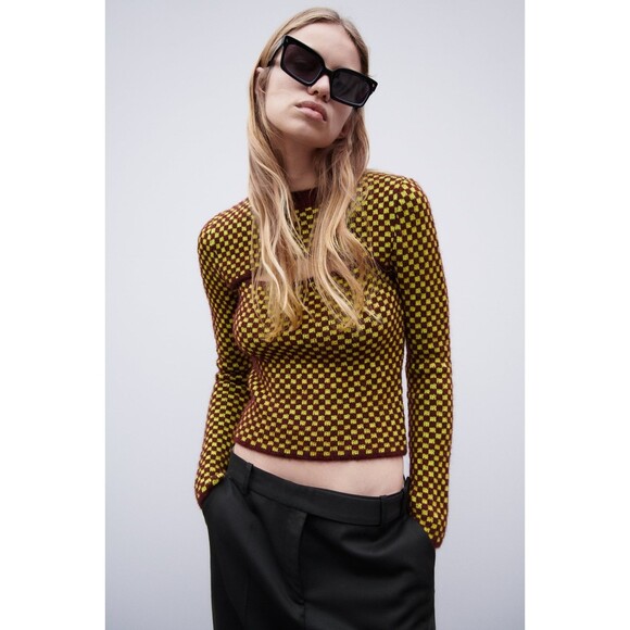 Zara Checkered Cut-Out Jacquard Long Sleeve Pullover Sweater (NWT) - Picture 4 of 8